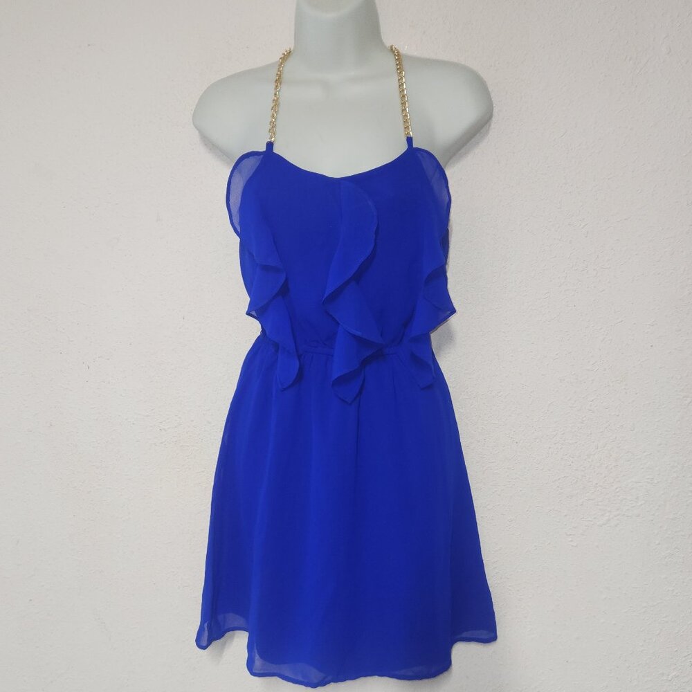 CHARLOTTE RUSSE beautiful ruffled short dress w/gold chain straps, Small